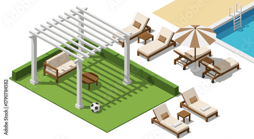 Isometric view of poolside pergola with loungers and soccer ball