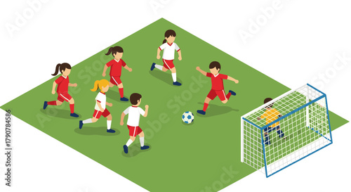 Isometric kids playing soccer on grass field with goal and soccer ball
