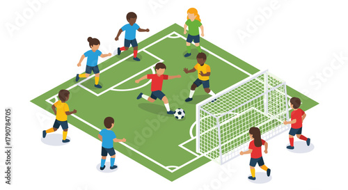 Isometric soccer match with diverse children on field