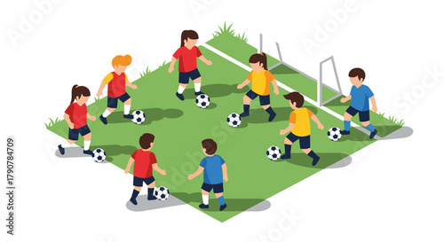 Isometric kids playing soccer on grass field with soccer goal and soccer balls