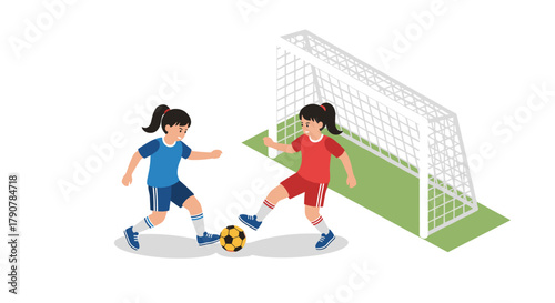 Isometric girls playing soccer with goal post and ball on field