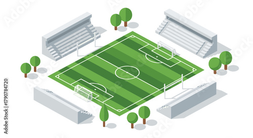 Isometric soccer field with stands and trees in detailed top view design