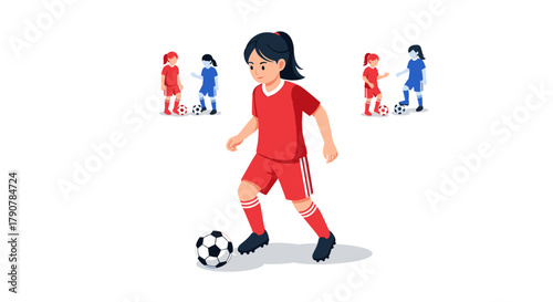 Girl playing soccer in red sportswear with teammates on white background