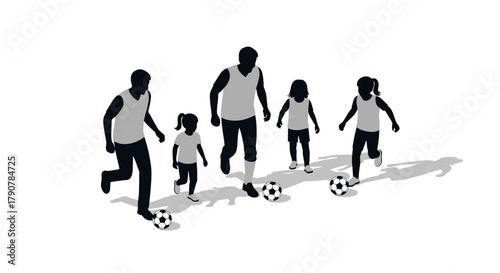 Silhouette family playing soccer: bonding and fitness in minimalist design