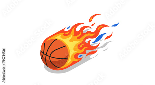 Isometric flaming basketball in motion with dynamic fire elements