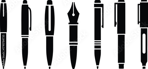 Set of pens vector. Fountain pen vector illustration icons silhouette 