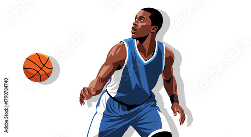 Dynamic basketball player in action with blue jersey on white background