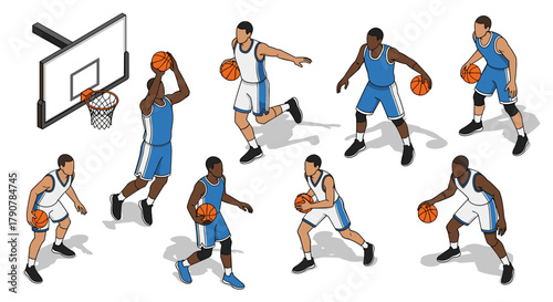 Dynamic basketball players in various action poses in isometric view