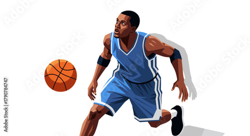 Basketball player dribbling in blue uniform with dynamic motion and shadow