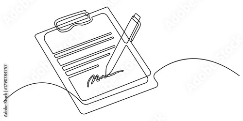 Continuous one line art drawing of clipboard with a checklist design. clipboard with a checklist one line vector illustration. Continuous line drawing of hands signing a document with a pen