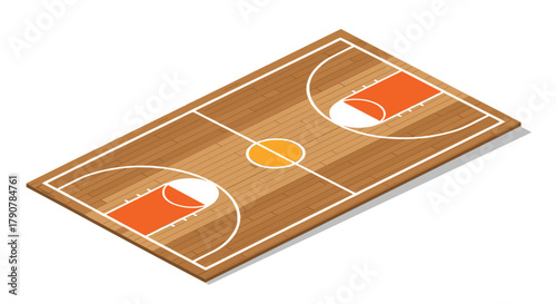 Isometric basketball court design with wooden texture and detailed layout