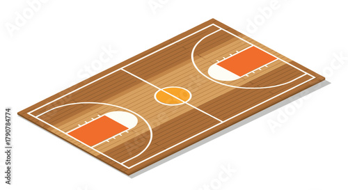 Isometric basketball court design with detailed wooden surface and markings