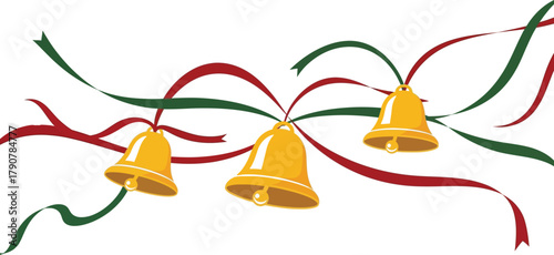 Three golden christmas bells hanging with red and green ribbons on white background