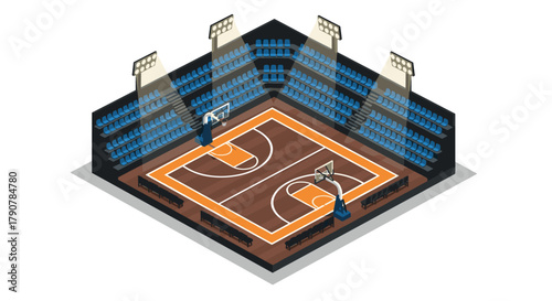 Isometric basketball court with seats and lighting in indoor arena