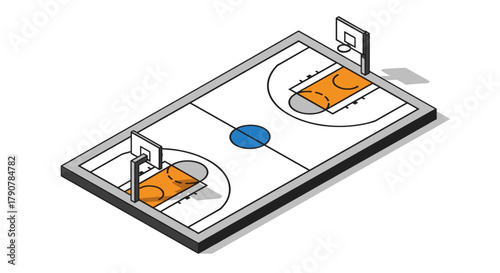 Isometric basketball court design with hoops and court lines in 3d perspective