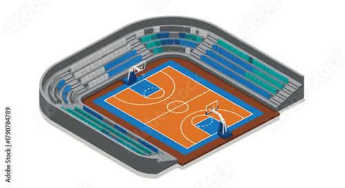 Isometric indoor basketball court with seating and hoops in 3d design
