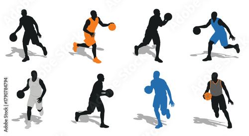 Dynamic basketball players in silhouette style showcasing diverse actions and movements