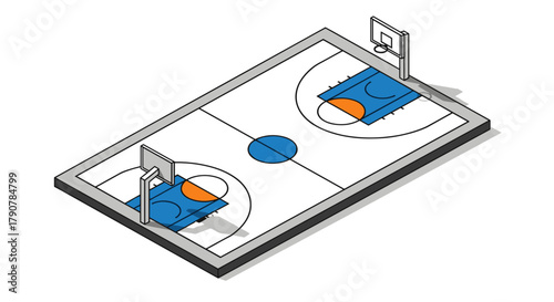 Isometric basketball court with hoops and markings in blue and orange