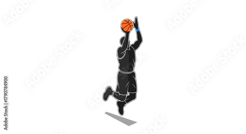 Dynamic basketball player leaping for a slam dunk in silhouette style