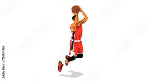 Dynamic basketball player jump shot in red sports uniform