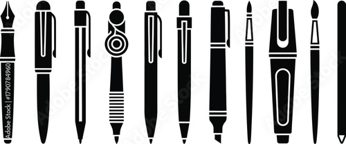 Set of pens vector. Fountain pen vector illustration icons silhouette 