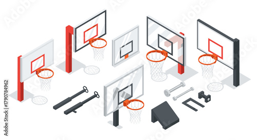 Isometric set of basketball hoops with backboards and assembly parts