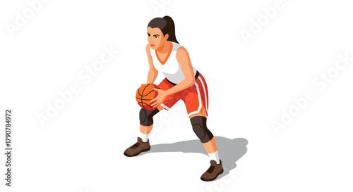 Female basketball player dribbling ball in flat art style