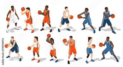 Diverse basketball players in dynamic poses wearing blue and orange uniforms