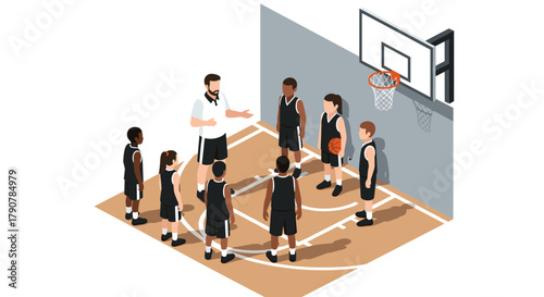 Isometric basketball coaching session with players on indoor court