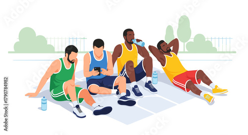 Group of friends relaxing after basketball game in park