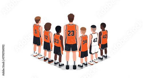 Diverse basketball team standing in line in isometric style