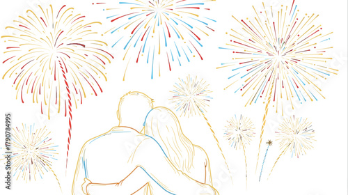 Couple watching colorful fireworks display against a dark night sky together