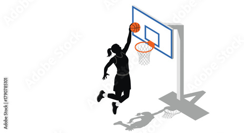 Isometric silhouette of basketball player dunking on court in action pose