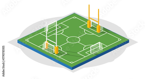 Isometric soccer and rugby hybrid field with goals on white background