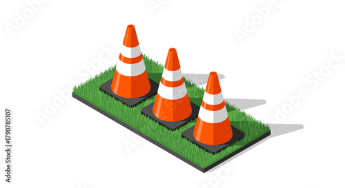 Isometric traffic cones on grass: safety equipment on green surface for road maintenance