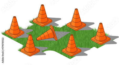 Orange traffic cones on grass with shadows in isometric style