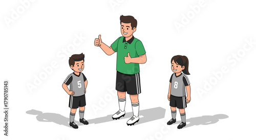 Soccer coach giving instructions to young players in a cartoon style
