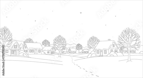 Winter village scene with snow covered houses and trees under a starry sky