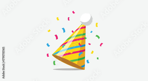 Party hat with confetti floating around on a white background celebration time