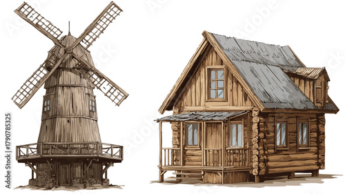 Rustic Wooden Windmill, House, and Building in Countryside Landscape