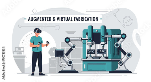 Illustration of a man using VR headset to control industrial robots in virtual fabrication