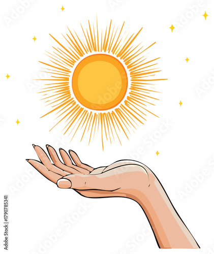 Hand Holding the Sun surrounded by Stars, concept of cosmic energy and power illustration