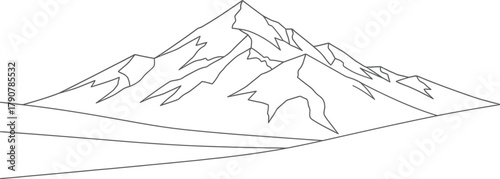 Minimalist mountain range illustration with snow peaks and a gray sky backdrop