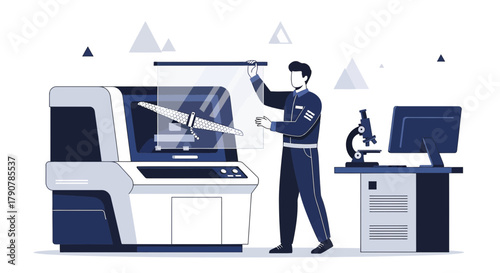 Illustration of a professional engineer using 3D printing and advanced technologies in a lab