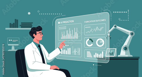 Illustration of a scientist analyzing AI predictions and fabrication outcomes in a lab setting