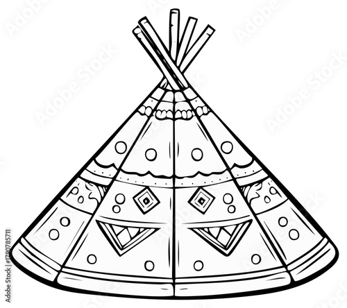 Illustrated Native American Teepee with Geometric Designs Outline Art