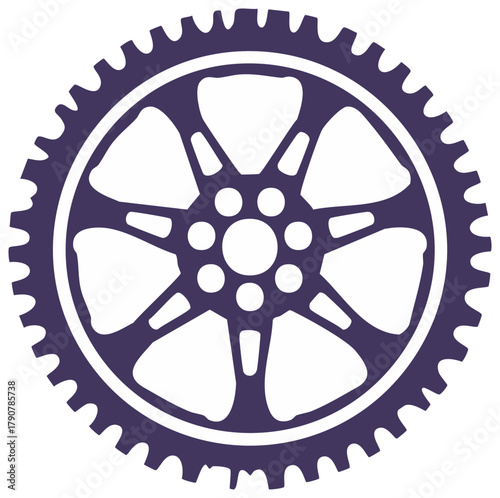 Bike Chainring Silhouette Gear Wheel, Sprocket Graphic, Violet Design Element for Sport and Transportation Concepts