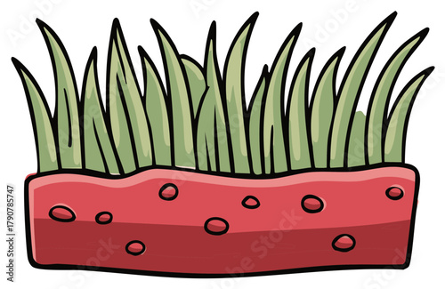 Cartoon clump of green grass growing from a red porous block with circular openings