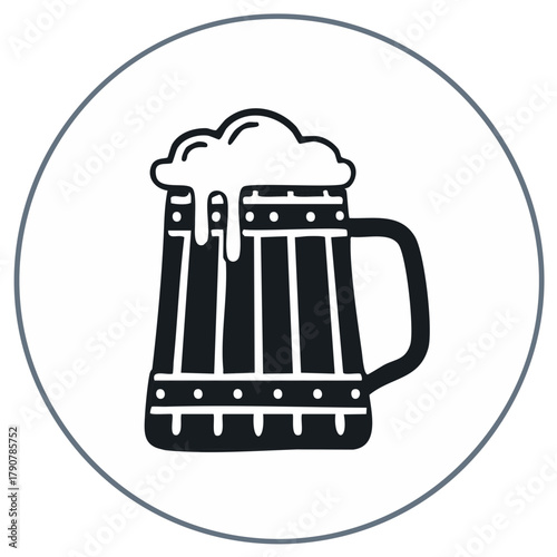 Classic wooden beer stein overflowing with frothy foam black and white icon