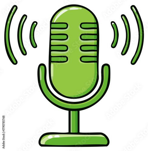 Green Microphone with Sound Waves Illustration for Audio Broadcasting Media and Communications